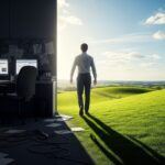 A man walks out of a dark, messy office cubicle and into a bright, sunny, green field under a blue sky with white clouds.
