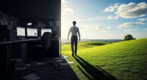 A man walks out of a dark, messy office cubicle and into a bright, sunny, green field under a blue sky with white clouds.