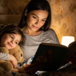 A mother reads a bedtime story to her sleepy daughter in bed.