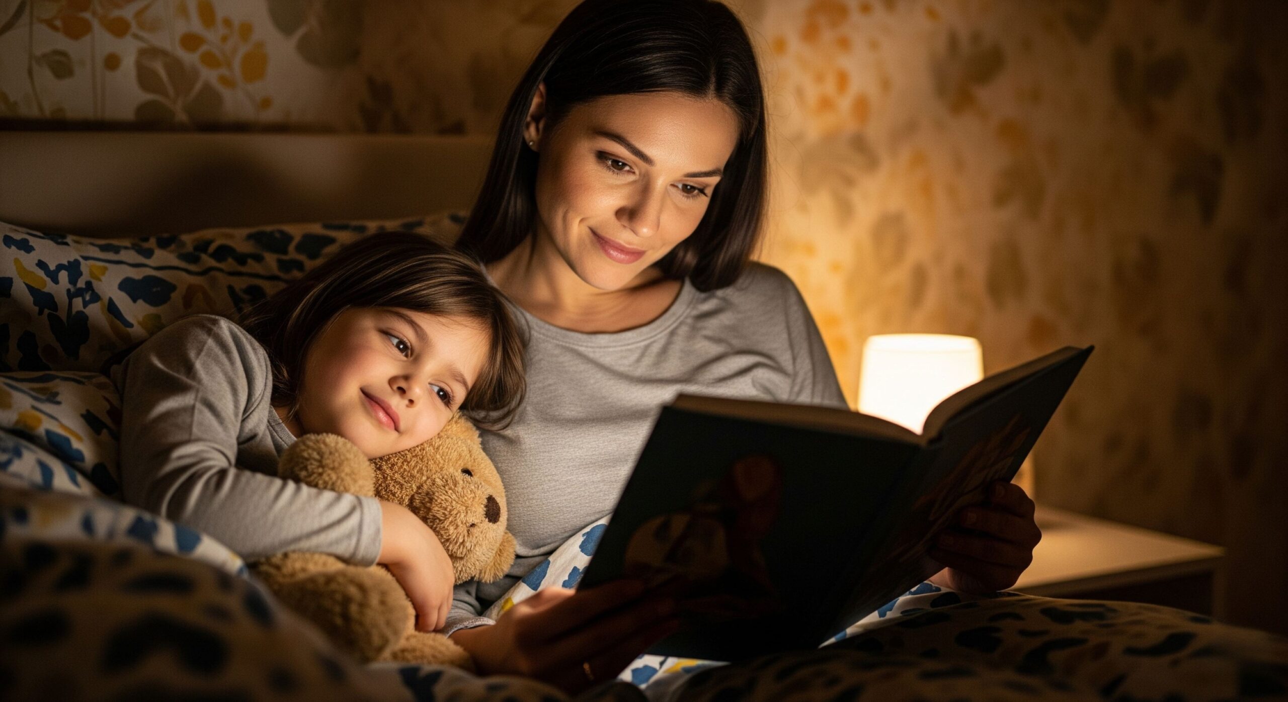 A mother reads a bedtime story to her sleepy daughter in bed.