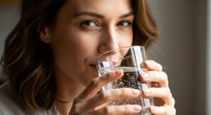 A beautiful woman with natural makeup and a slight smile, looking directly at the camera while holding a glass of clear water, ready to drink. The image is bright and shows a natural detoxification method. This image illustrates the simple steps in debunking detox myths for a healthier you.