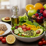 A beautiful and realistic photo of a variety of healthy foods, including a colorful salad, grilled salmon, quinoa, broccoli, fresh fruits, nuts, and a glass of water.