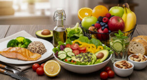 A beautiful and realistic photo of a variety of healthy foods, including a colorful salad, grilled salmon, quinoa, broccoli, fresh fruits, nuts, and a glass of water.
