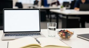 A glass of water and a bowl of berries and nuts sit next to a laptop and notebook on a clean, modern office desk, with a blurred background of a busy office.
