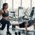 A realistic photo of a man and a woman exercising in a modern, sunlit gym. The woman is doing lunges with dumbbells and the man is doing push-ups on a mat.