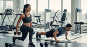A realistic photo of a man and a woman exercising in a modern, sunlit gym. The woman is doing lunges with dumbbells and the man is doing push-ups on a mat.