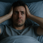 A realistic depiction of a person struggling with insomnia, emphasizing the calm, yet difficult nature of sleepless nights