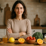 A woman with crossed arms smiles behind a wooden table displaying immune-boosting foods like ginger, honey, lemon, oranges, tomatoes, broccoli, and a glass of milk.