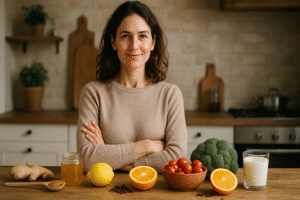 A woman with crossed arms smiles behind a wooden table displaying immune-boosting foods like ginger, honey, lemon, oranges, tomatoes, broccoli, and a glass of milk.