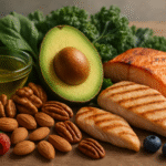 A still life arrangement of ketogenic-friendly foods including a sliced avocado, grilled salmon, grilled chicken, assorted nuts, leafy greens, and a bowl of olive oil on a wooden table.