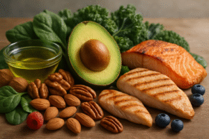 A still life arrangement of ketogenic-friendly foods including a sliced avocado, grilled salmon, grilled chicken, assorted nuts, leafy greens, and a bowl of olive oil on a wooden table.