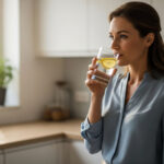 A beautiful woman in her kitchen is sipping on a glass of water with a lemon slice in the morning, representing a healthy start to her day.
