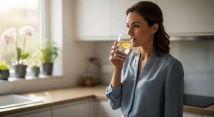 A beautiful woman in her kitchen is sipping on a glass of water with a lemon slice in the morning, representing a healthy start to her day.