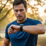 A realistic, close-up photo of a man in a park in the morning. He is wearing a dark blue t-shirt and is looking at the wearable tech on his wrist. His arm is naturally angled toward his face to check his health data. The background is a park with soft, golden sunlight filtering through the trees.