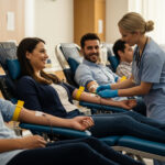 A diverse group of people are cheerfully donating blood in a bright and modern clinic, attended by healthcare professionals