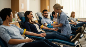 A diverse group of people are cheerfully donating blood in a bright and modern clinic, attended by healthcare professionals