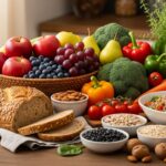 A vibrant assortment of whole, fiber-rich foods including apples, pears, grapes, broccoli, peppers, carrots, whole grain bread, almonds, beans, and quinoa, arranged naturally on a wooden surface with a softly blurred kitchen background.