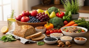 A vibrant assortment of whole, fiber-rich foods including apples, pears, grapes, broccoli, peppers, carrots, whole grain bread, almonds, beans, and quinoa, arranged naturally on a wooden surface with a softly blurred kitchen background.