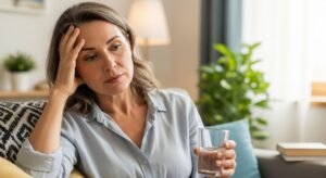 A realistic photo of a middle-aged woman sitting on a sofa with a pensive expression, holding a glass of water and touching her head, suggesting discomfort or distress, in a bright living room.