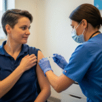 A healthcare professional is administering a vaccine shot to a woman's arm in a clean, brightly lit clinic.