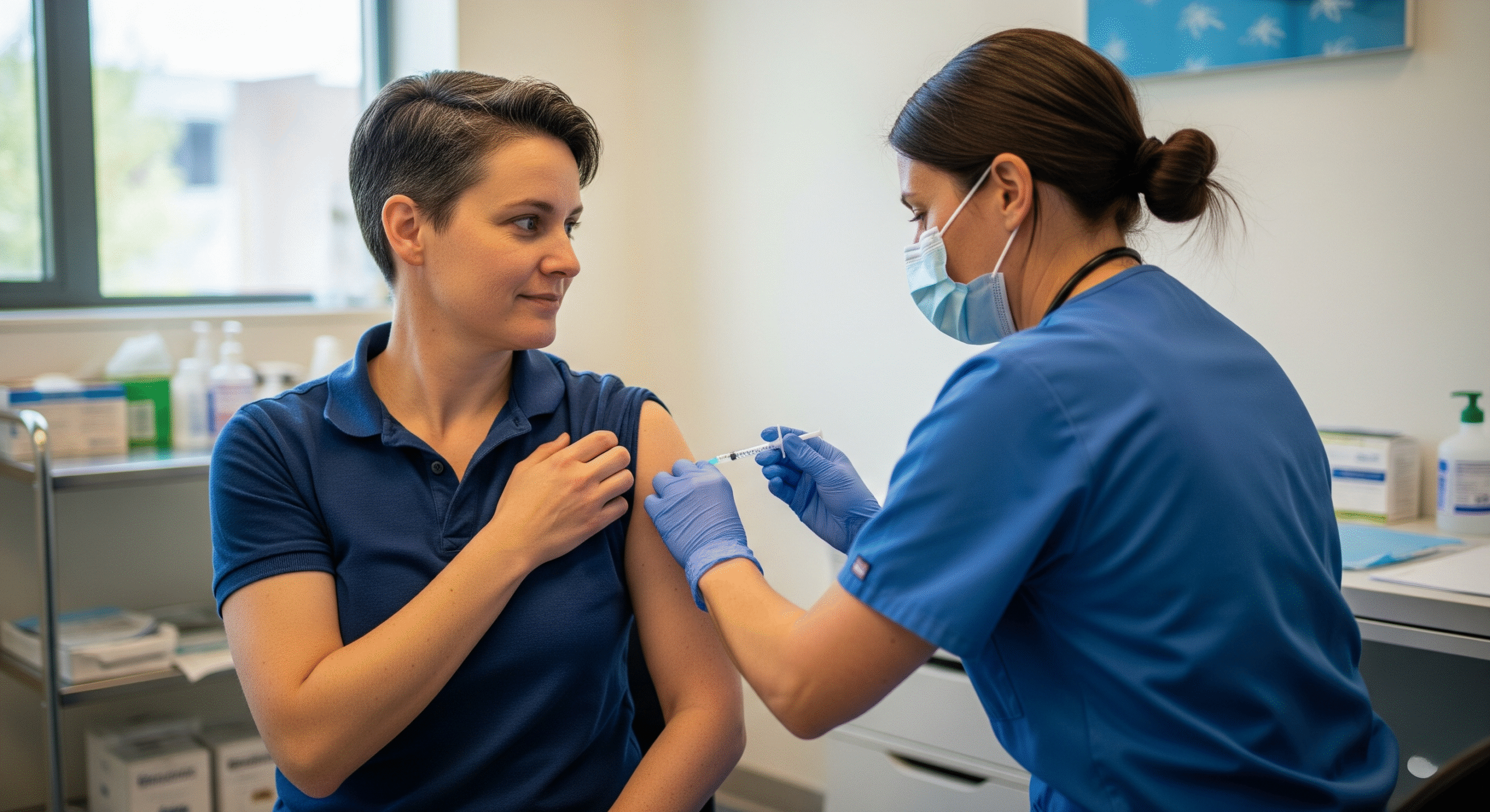 A healthcare professional is administering a vaccine shot to a woman's arm in a clean, brightly lit clinic.