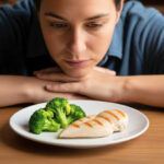 A person looking down at a small plate of chicken and broccoli, symbolizing the challenges of a 1200-calorie diet.