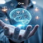 A photorealistic illustration of a person holding out their hand, on which a glowing, translucent brain made of circuitry rests. Medical symbols like a caduceus, DNA helix, and heartbeat are visible within the brain, while other symbols representing ethics and balance, such as scales, float around the hand. The background is a blurred, futuristic medical environment.