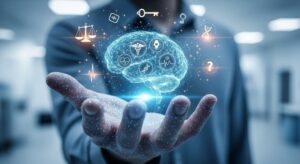 A photorealistic illustration of a person holding out their hand, on which a glowing, translucent brain made of circuitry rests. Medical symbols like a caduceus, DNA helix, and heartbeat are visible within the brain, while other symbols representing ethics and balance, such as scales, float around the hand. The background is a blurred, futuristic medical environment.