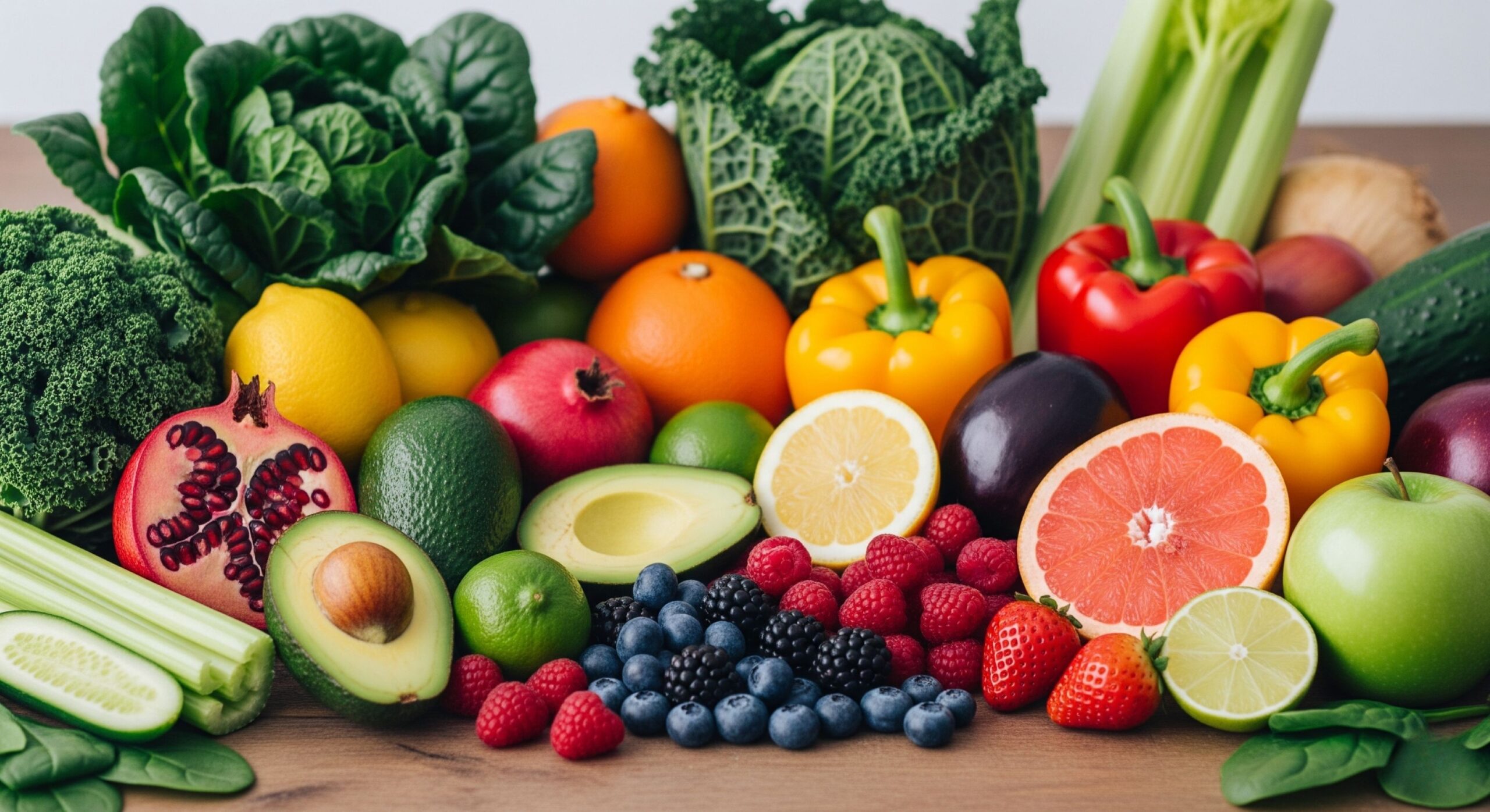 A vibrant display of fresh, colorful fruits and vegetables, including leafy greens, berries, citrus, and more, representing natural foods for detox plans.