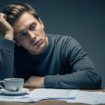 A man with his head in his hand, looking exhausted and stressed, sits at a desk with papers and a coffee cup. The scene is dimly lit and conveys a sense of burnout and being overwhelmed.