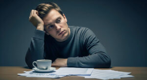 A man with his head in his hand, looking exhausted and stressed, sits at a desk with papers and a coffee cup. The scene is dimly lit and conveys a sense of burnout and being overwhelmed.