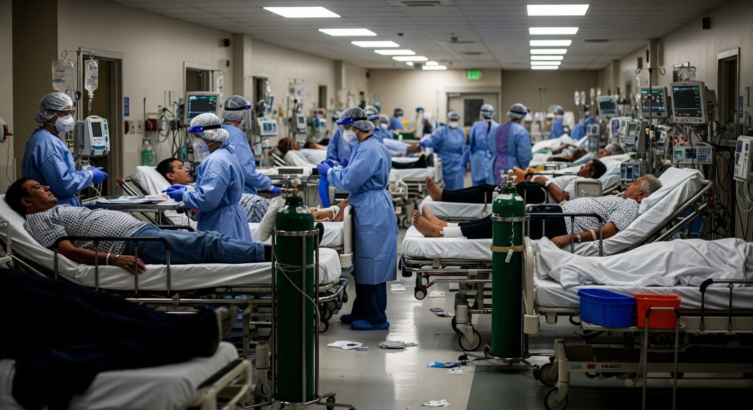 A realistic illustration showing a hospital emergency room during a pandemic, with exhausted medical staff in PPE tending to numerous patients on gurneys and beds. The scene is crowded and chaotic under harsh fluorescent lighting.