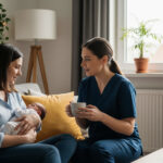A compassionate midwife offering support and tea to a new mother cradling her newborn baby on a sofa in a warm, sunlit living room.