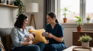 A compassionate midwife offering support and tea to a new mother cradling her newborn baby on a sofa in a warm, sunlit living room.