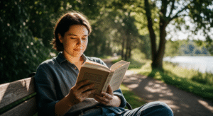 A person with a peaceful expression is relaxing outdoors, reading a book in a calm, natural setting.
