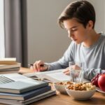 A teenage boy is studying at a desk with books and a laptop. In front of him are plates of fruits and nuts, as well as a glass of water.