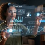 A confident woman interacts with a holographic interface displaying her personal health dashboard, actively managing access permissions to protect digital health data.