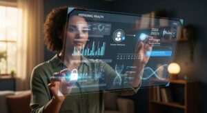 A confident woman interacts with a holographic interface displaying her personal health dashboard, actively managing access permissions to protect digital health data.