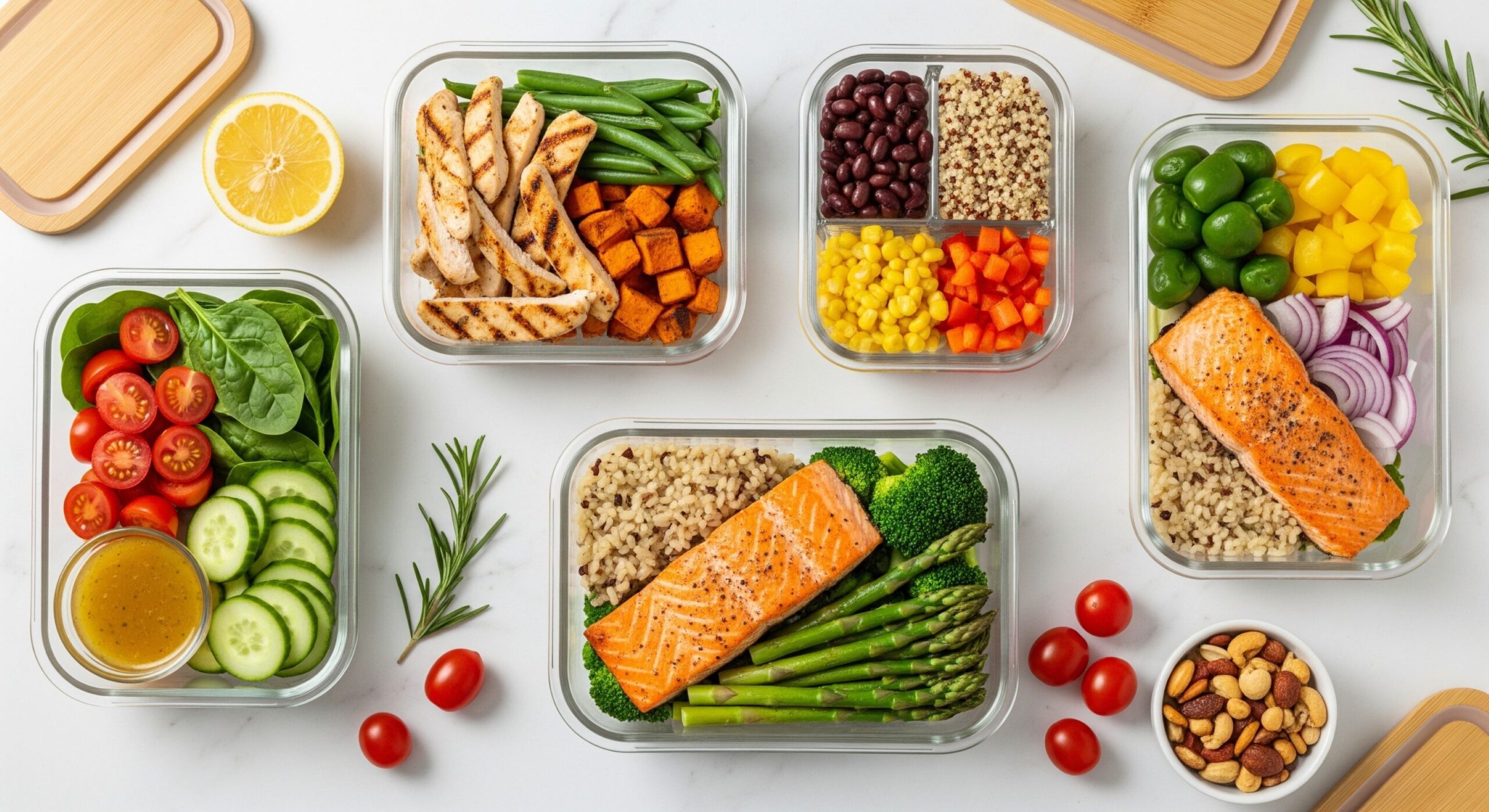 A woman preparing healthy meals for the week in her kitchen.