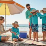 A family of five is applying sunscreen at the beach under a colorful umbrella.