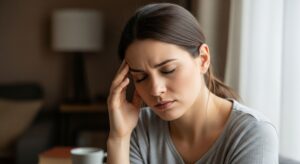 Tired woman experiencing headache, indicating need for body detox.