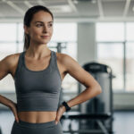 A young woman with a healthy, slender build smiling in a brightly lit gym, representing a positive and healthy approach to weight loss.
