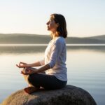 A serene, naturally lit photograph of a person meditating in a cross-legged position on a rock by a calm lake at dawn. The person has their eyes closed and a peaceful expression, with warm sunlight illuminating their face and the tranquil landscape.