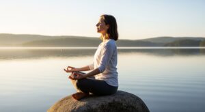 A serene, naturally lit photograph of a person meditating in a cross-legged position on a rock by a calm lake at dawn. The person has their eyes closed and a peaceful expression, with warm sunlight illuminating their face and the tranquil landscape.