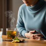 A person holding their stomach in discomfort, with a steaming mug of ginger or peppermint tea on a wooden table.