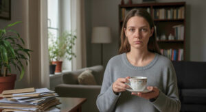 A woman with a serious expression holds a teacup in a dimly lit, cluttered room, suggesting unspoken emotional distress.
