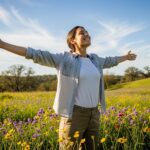 A photo of a woman standing in a vibrant field of flowers with her arms outstretched, enjoying the sunny outdoors. She appears happy and relieved, symbolizing relief from seasonal allergies. The background features rolling green hills and a bright blue sky.