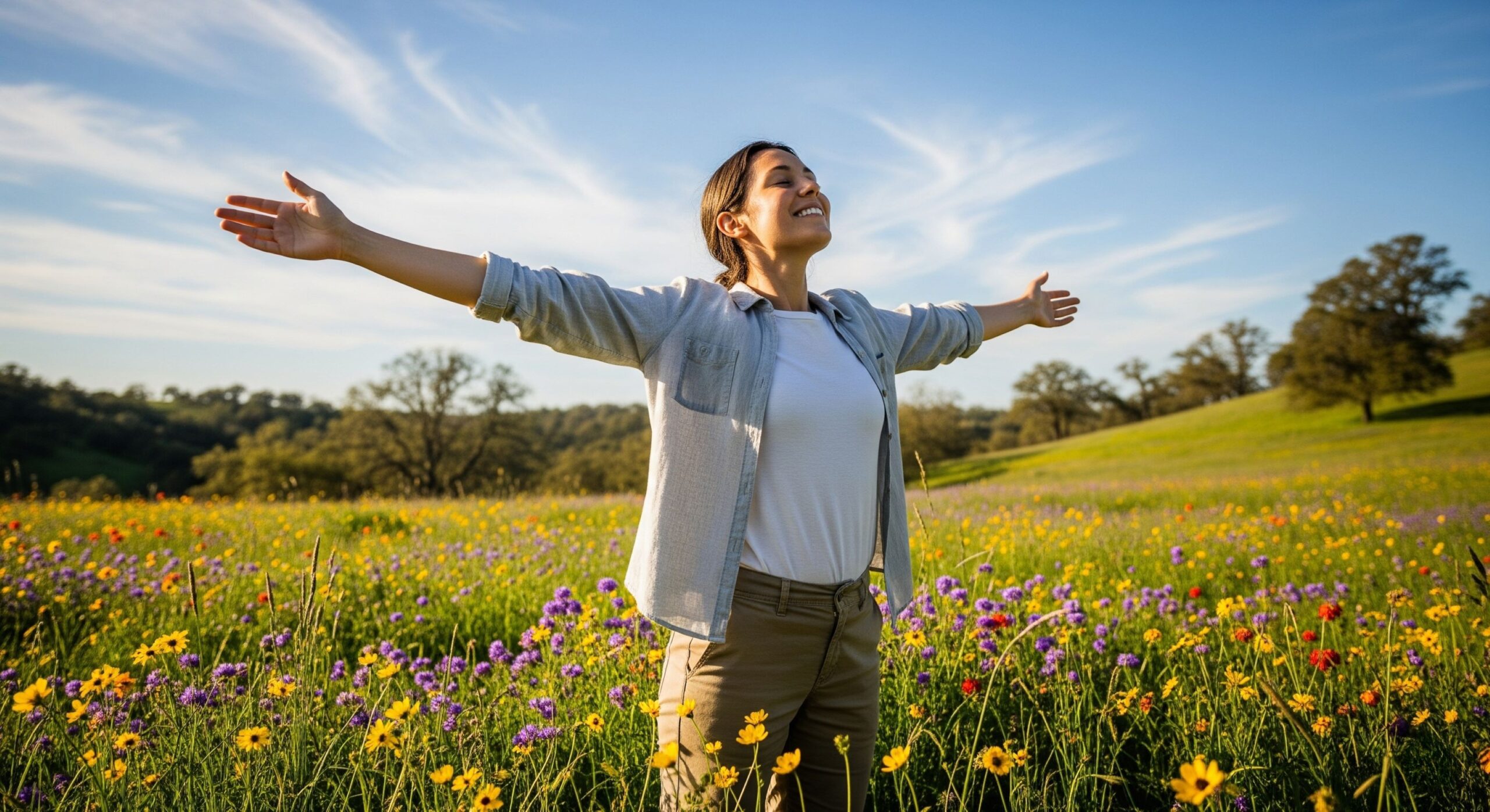 A photo of a woman standing in a vibrant field of flowers with her arms outstretched, enjoying the sunny outdoors. She appears happy and relieved, symbolizing relief from seasonal allergies. The background features rolling green hills and a bright blue sky.