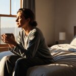 A person sitting on the edge of a bed in a serene room, holding a mug and looking out a large window bathed in morning light.