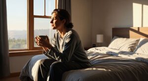 A person sitting on the edge of a bed in a serene room, holding a mug and looking out a large window bathed in morning light.